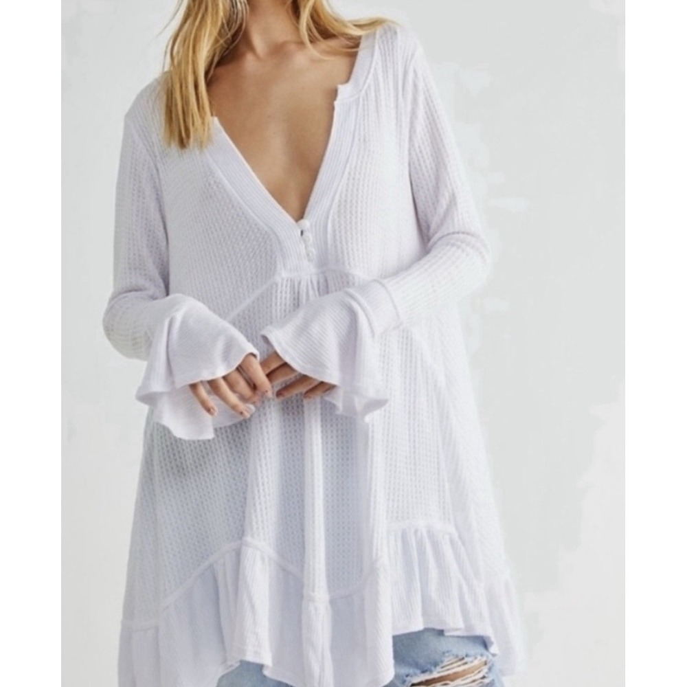 Free People Olivia Waffle Knit Tunic Top White Flare Sleeve XS